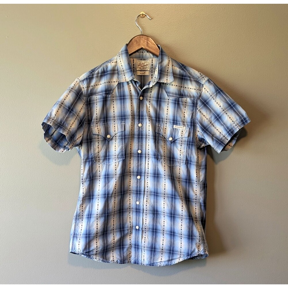 Lucky Brand Mens Small Western Pearl Snap Short Sleeve Blue Plaid Shirt S